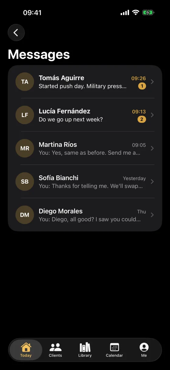 The coach’s inbox with their clients