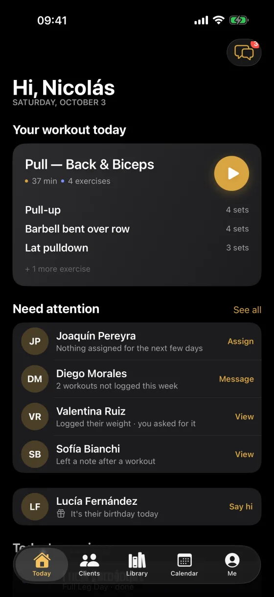 Coach mode’s Today screen: the day’s sessions, clients who need attention and to-dos