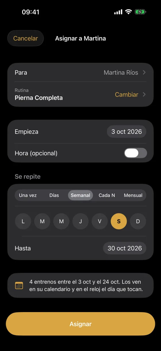La hoja para asignar una rutina a un cliente, con día y repetición