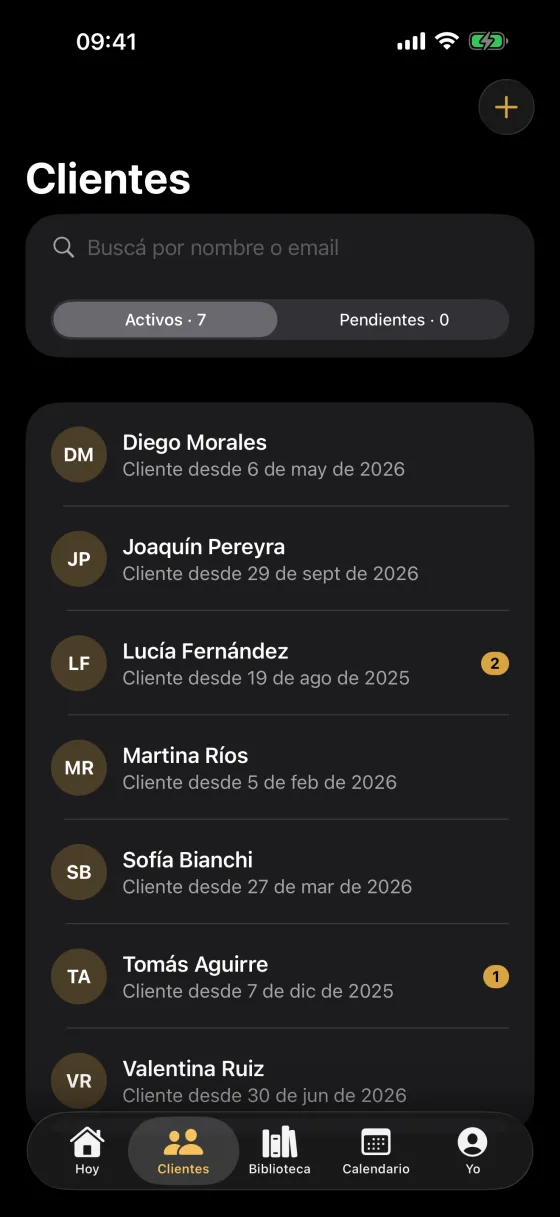 La lista de clientes del coach en GC Fitness