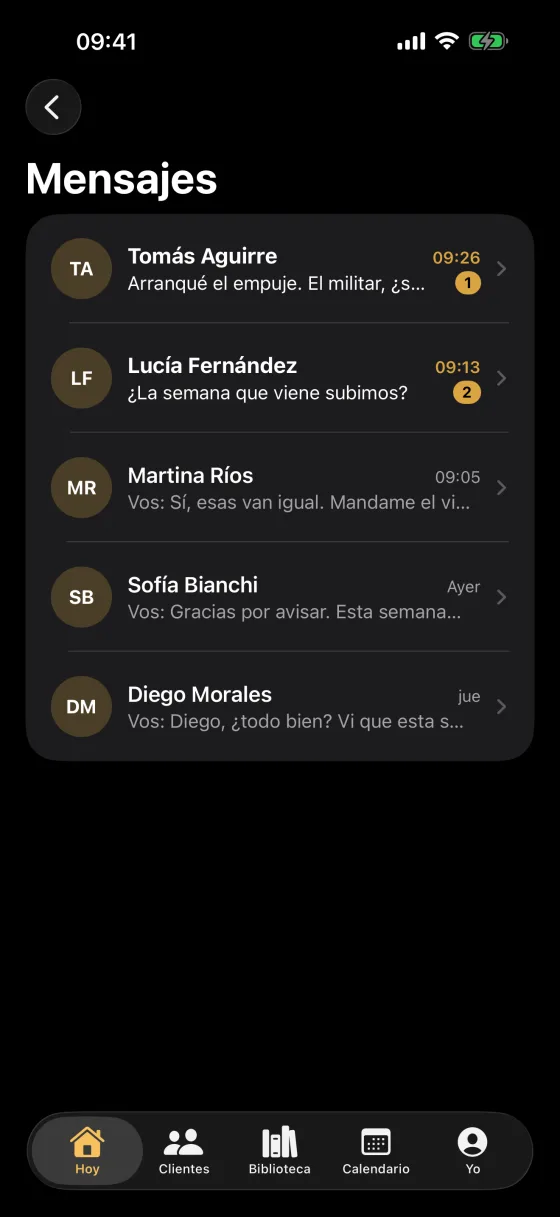 La bandeja de mensajes del coach con sus clientes