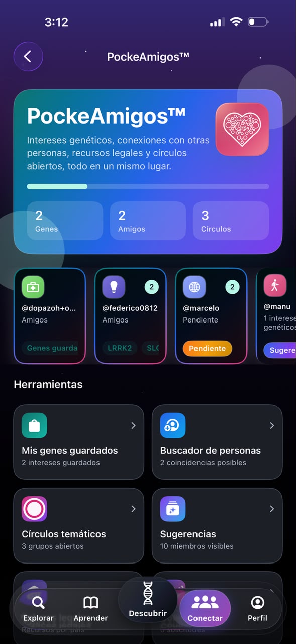 Pantalla de informes guardados en Pocket Genes