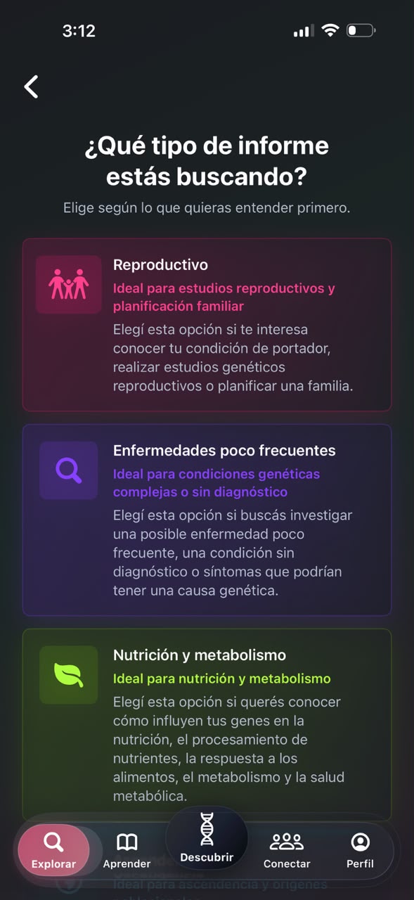 Pantalla Discover de Pocket Genes con contenidos y novedades sobre genómica