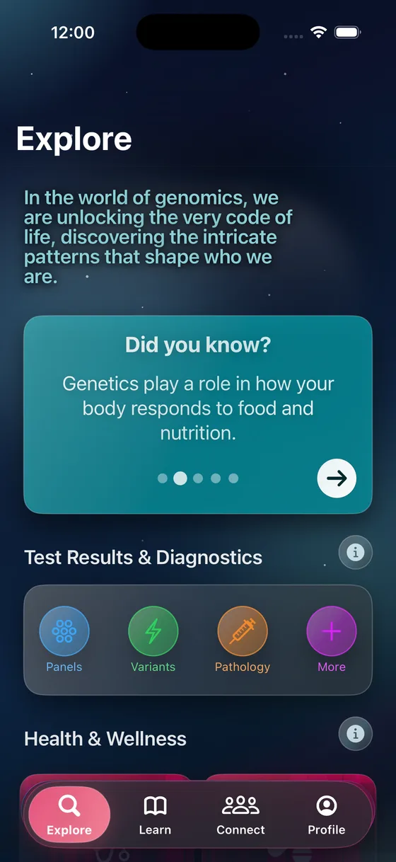 Pocket Genes Explore screen showing genomics education and report categories