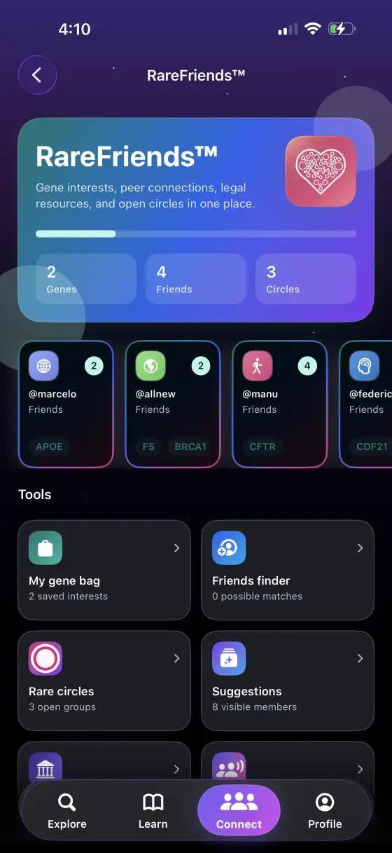 Perfil de la comunidad RareFriends dentro de Pocket Genes