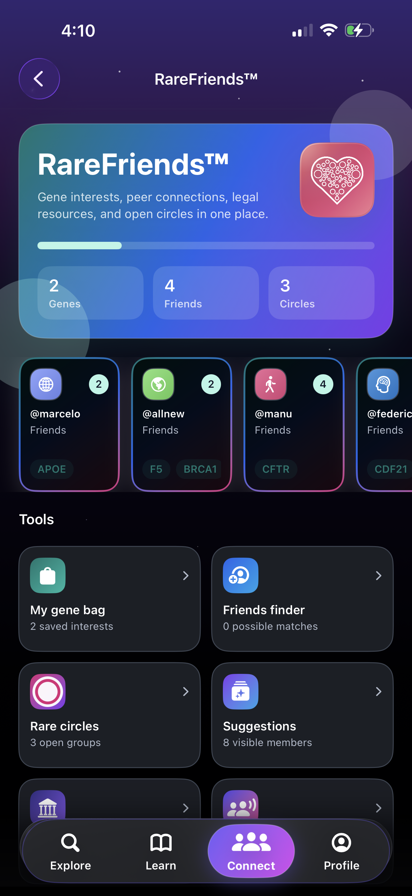 Pocket Genes RareFriends™ community screen